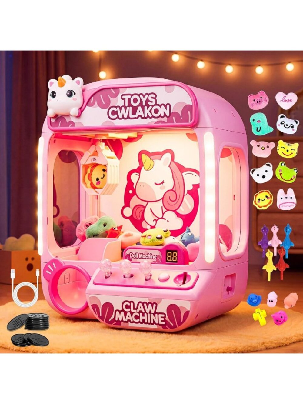Unicorn Claw Machine Toy for Kids - Lights, Music, 20 Prizes, Fun Arcade Game